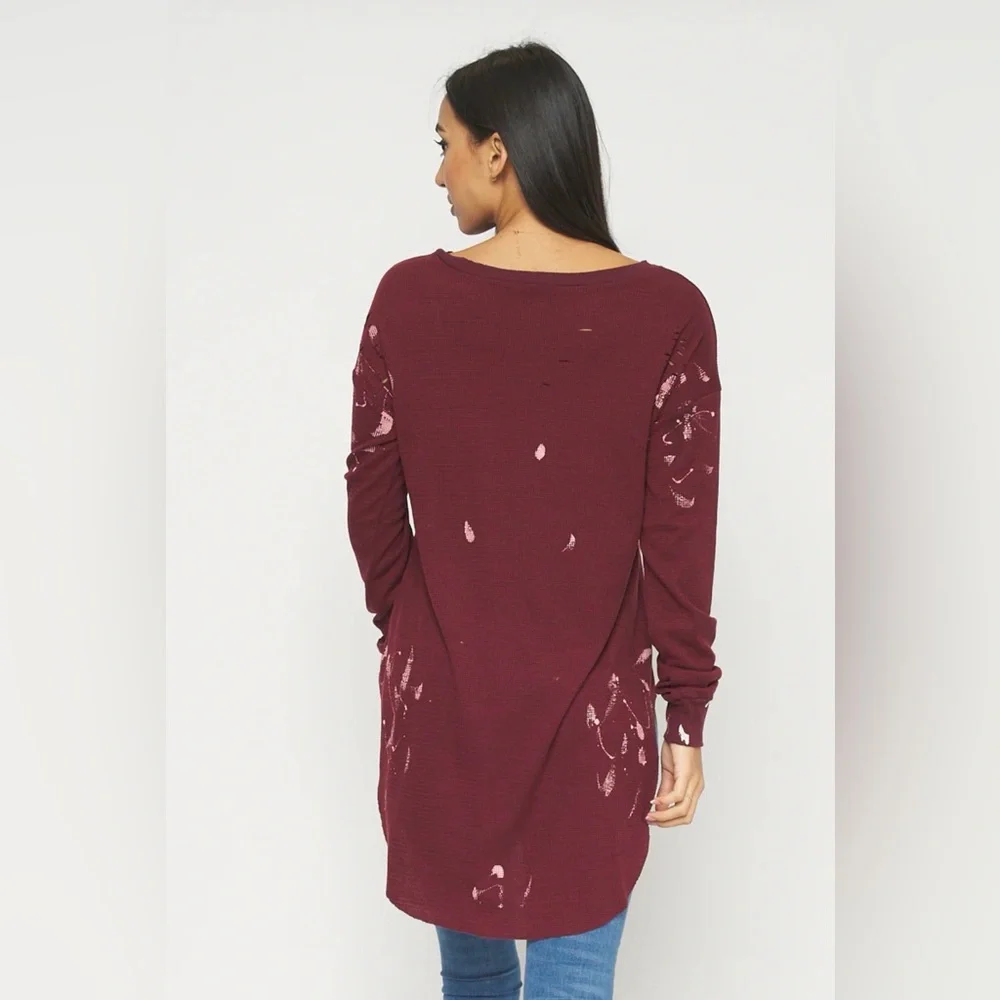 Long sleeve Destroyed Knit Top-Burgundy - Picture 3 of 9